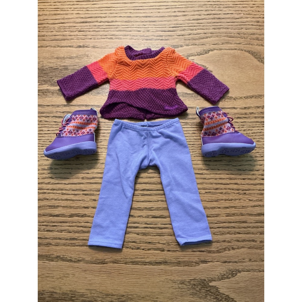 American Girl Doll Winter Outfit Chevron Sweater Purple Leggings Fair Isle Boots